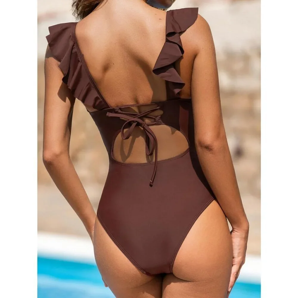 Women's Brown Ruffled One Piece Swimsuit V Neck Lace Up